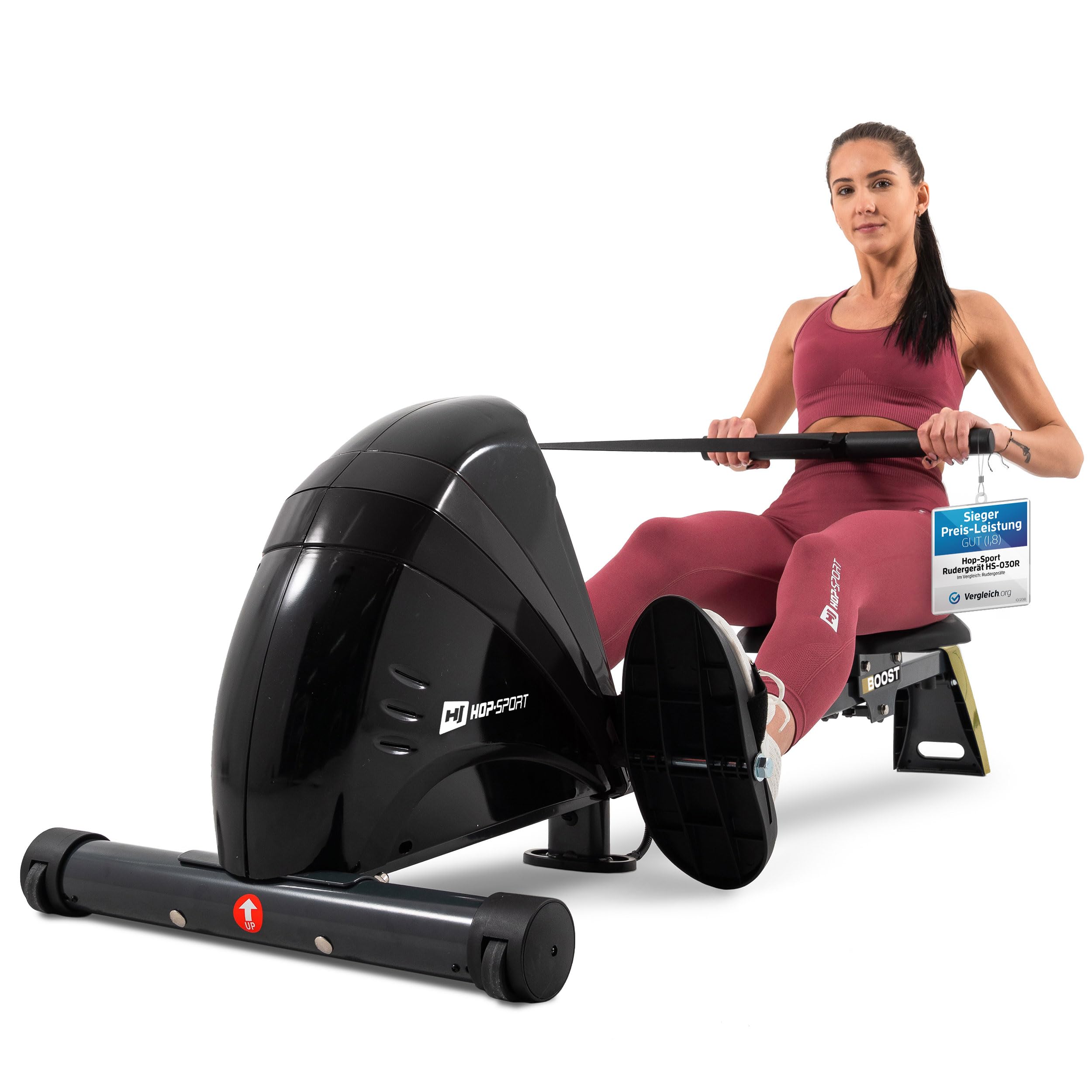 Hop-Sport Rudergerät für Zuhause Boost – Rudergerät klappbar mit kugelgelagertem Sitz, Computer & Magnetbremssystem, 10 Stufen - Rudermaschine max. Nutzergewicht 120kg (Gold)