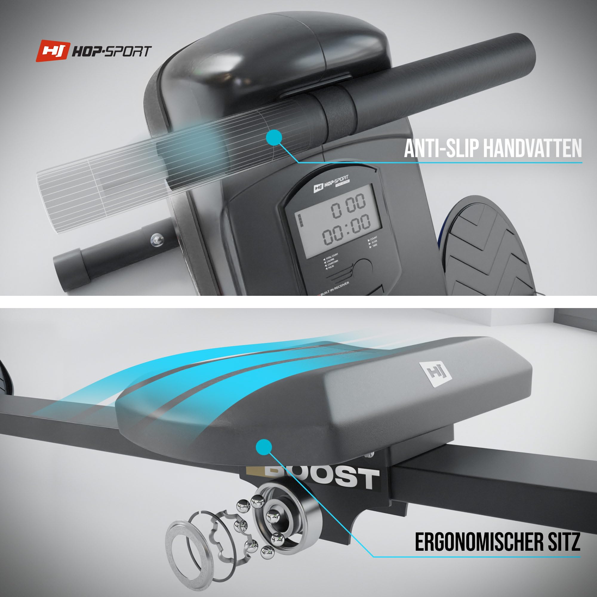 Hop-Sport Rudergerät für Zuhause Boost – Rudergerät klappbar mit kugelgelagertem Sitz, Computer & Magnetbremssystem, 10 Stufen - Rudermaschine max. Nutzergewicht 120kg (Gold)
