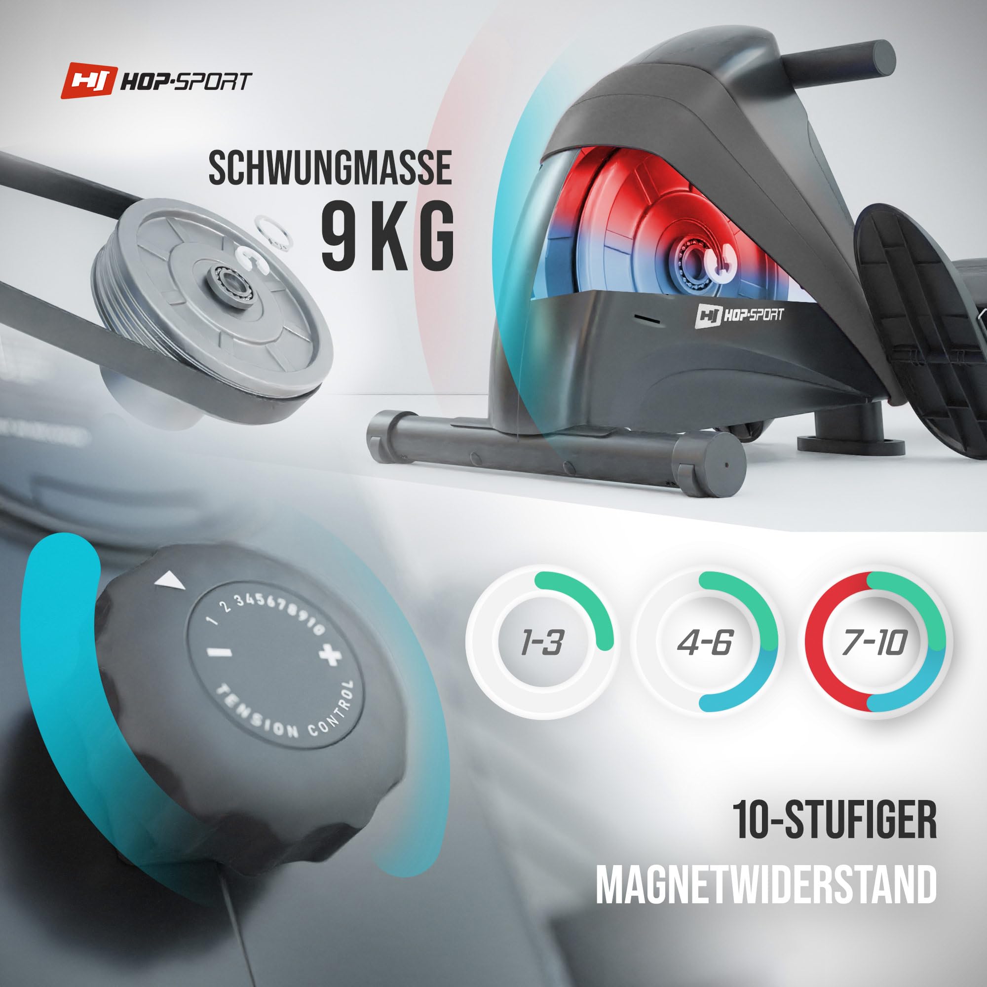 Hop-Sport Rudergerät für Zuhause Boost – Rudergerät klappbar mit kugelgelagertem Sitz, Computer & Magnetbremssystem, 10 Stufen - Rudermaschine max. Nutzergewicht 120kg (Gold)