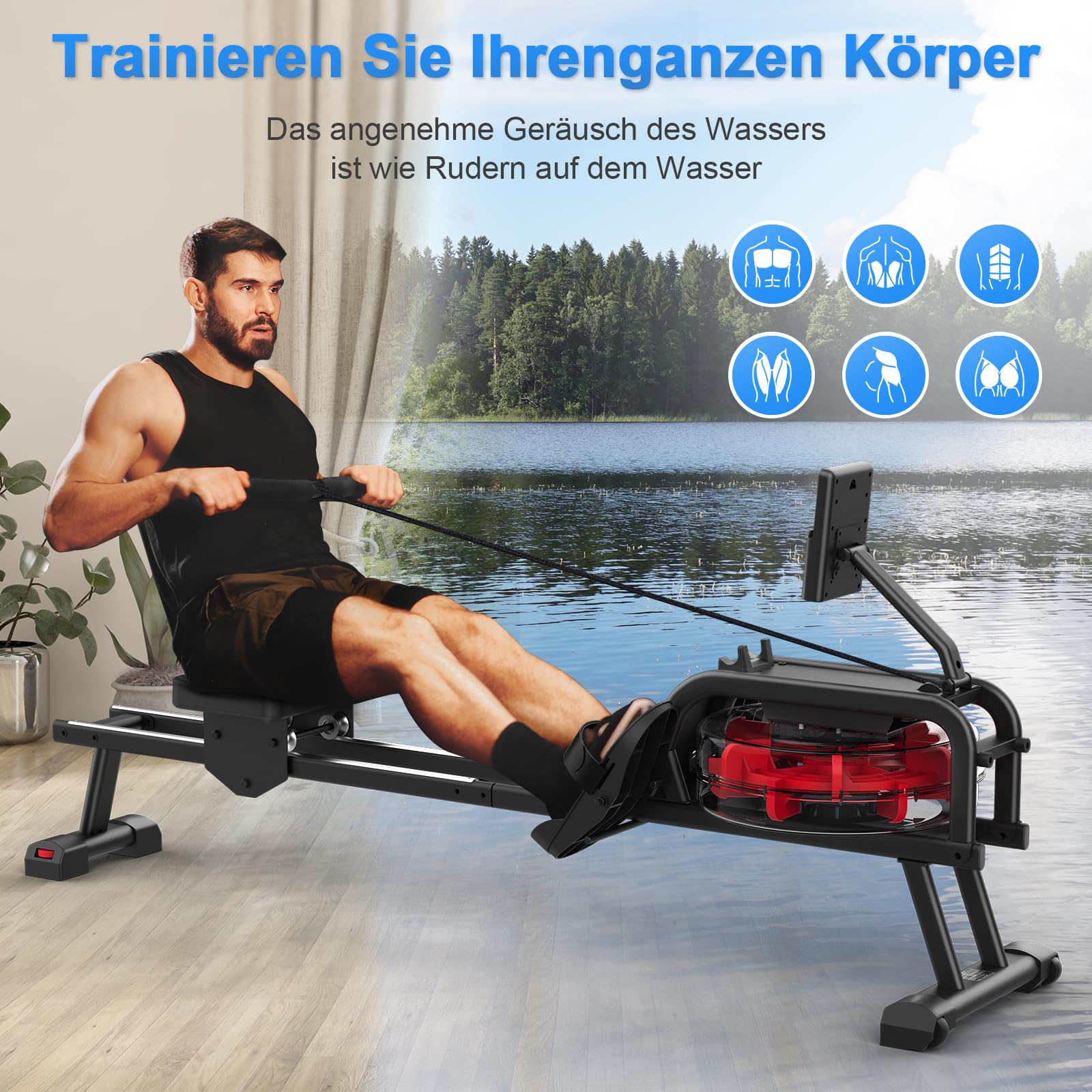 Neezee Rudergerät Wasser, Rudergerät für zuhause mit Professioneller LCD Monitor und Tablet Halterung, Wasserrudergerät mit Kinomap APP immersives Rudererlebnis, Max 160kg Belastbar