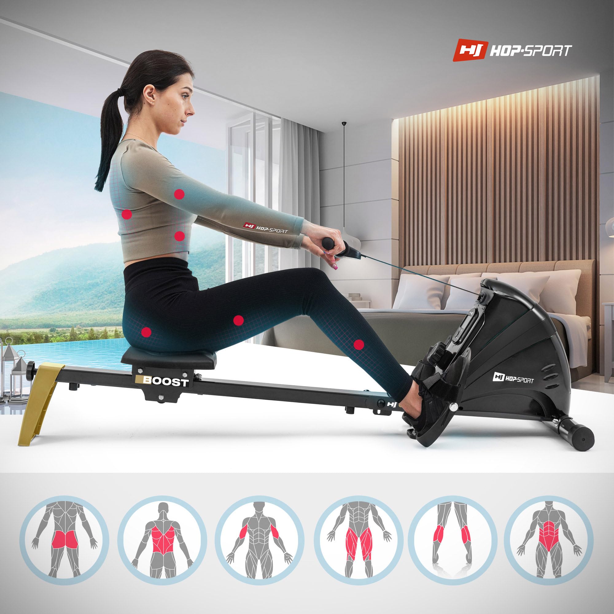 Hop-Sport Rudergerät für Zuhause Boost – Rudergerät klappbar mit kugelgelagertem Sitz, Computer & Magnetbremssystem, 10 Stufen - Rudermaschine max. Nutzergewicht 120kg (Gold)