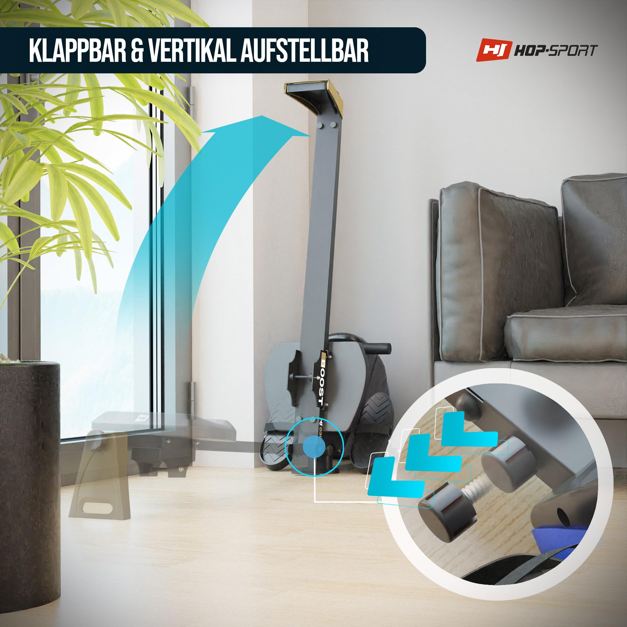 Hop-Sport Rudergerät für Zuhause Boost – Rudergerät klappbar mit kugelgelagertem Sitz, Computer & Magnetbremssystem, 10 Stufen - Rudermaschine max. Nutzergewicht 120kg (Gold)
