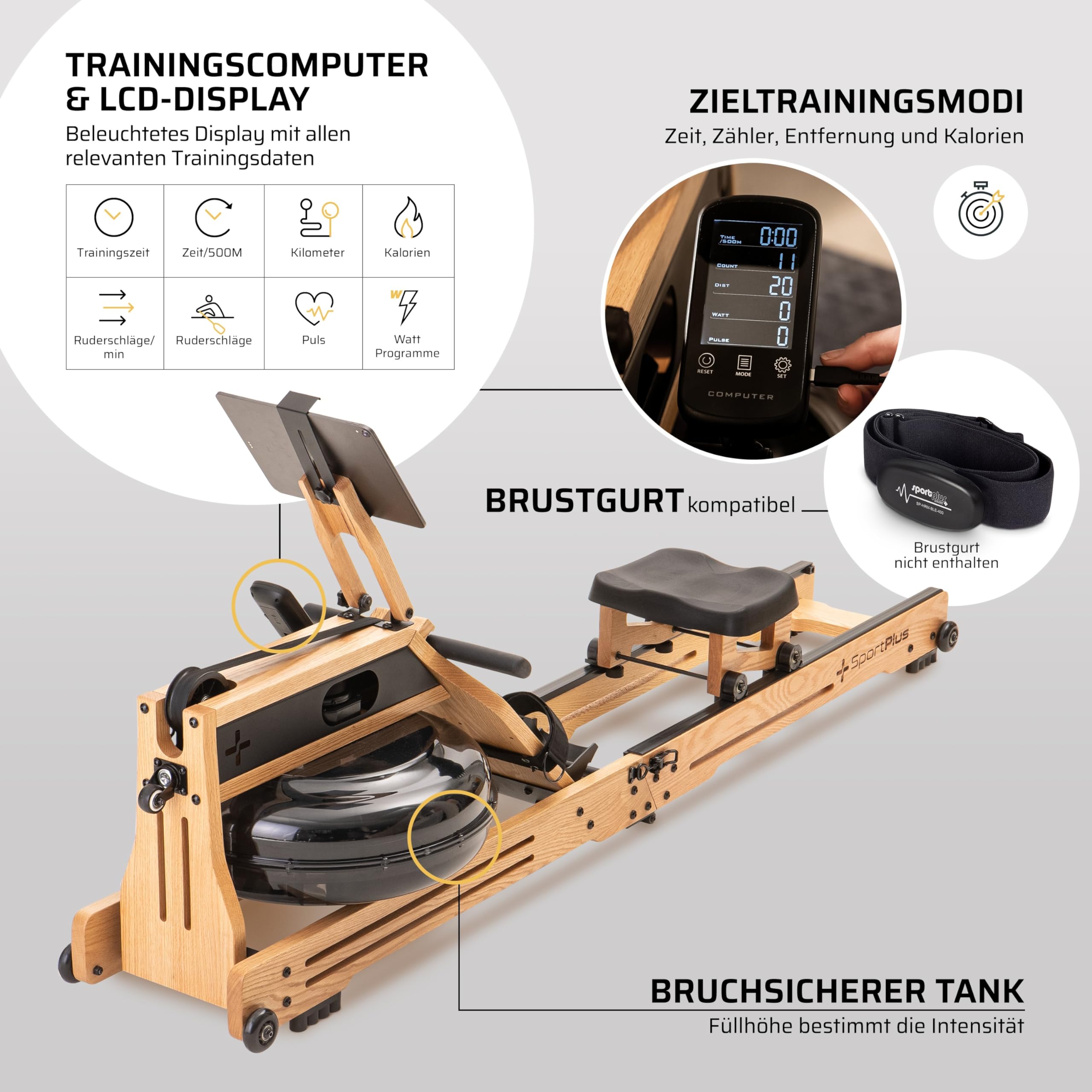 SportPlus Rudergerät für zuhause klappbar - Rudergerät Wasser Holz - Rudergerät Holz Massive Eiche FSC®-Zertifiziert - Rudermaschine Trainingscomputer App-kompatibel - Wasserrudergerät Holz 150 kg