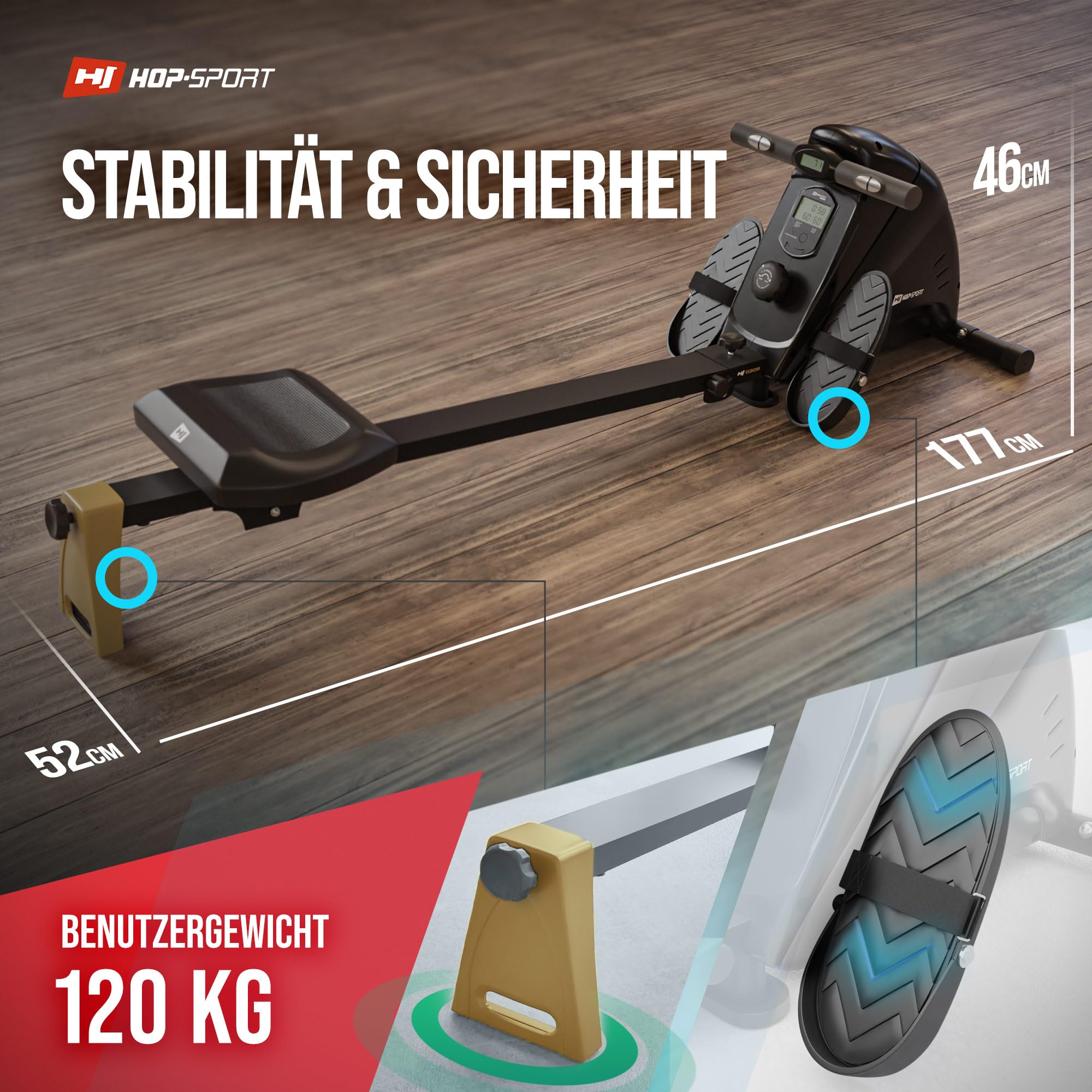 Hop-Sport Rudergerät für Zuhause Boost – Rudergerät klappbar mit kugelgelagertem Sitz, Computer & Magnetbremssystem, 10 Stufen - Rudermaschine max. Nutzergewicht 120kg (Gold)