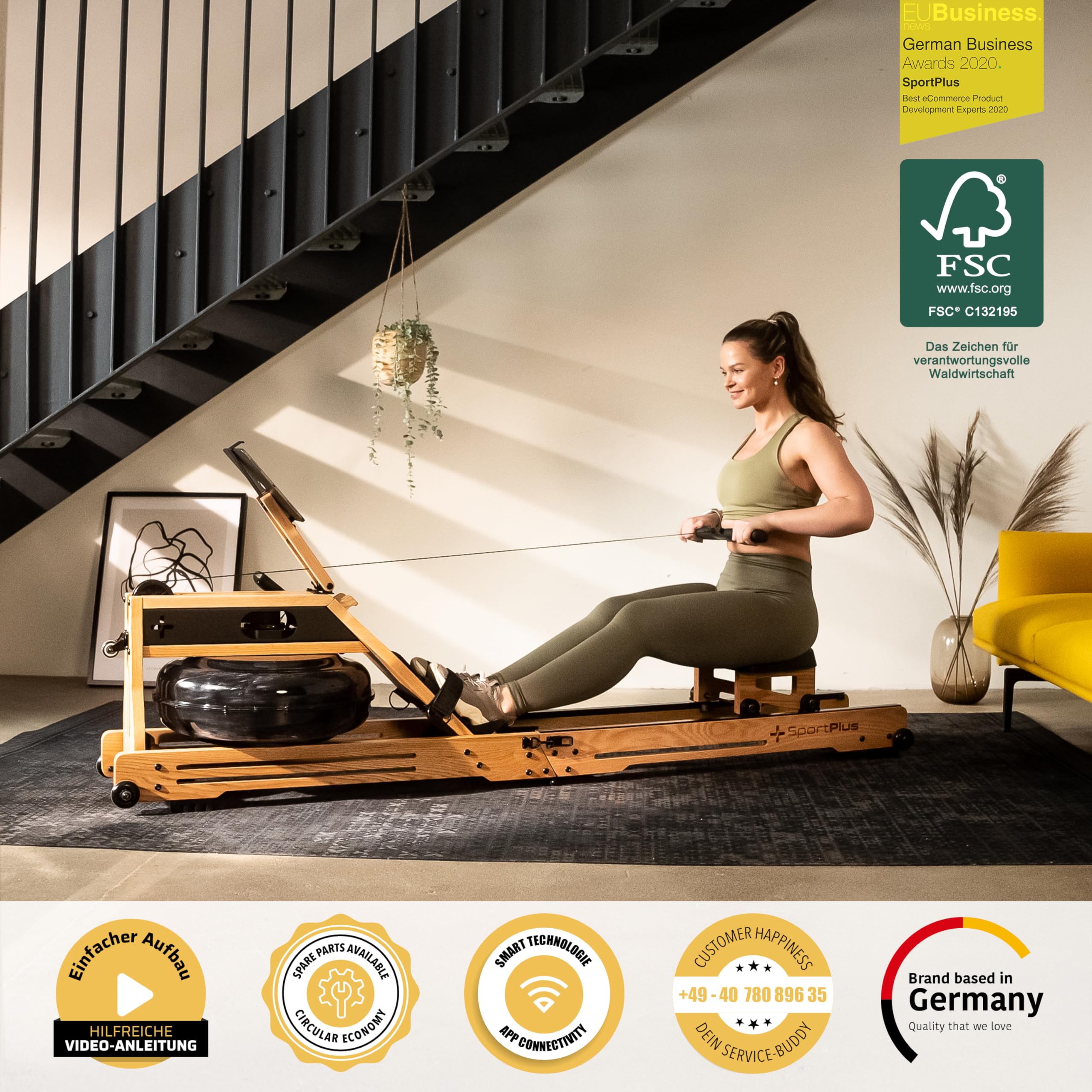 SportPlus Rudergerät für zuhause klappbar - Rudergerät Wasser Holz - Rudergerät Holz Massive Eiche FSC®-Zertifiziert - Rudermaschine Trainingscomputer App-kompatibel - Wasserrudergerät Holz 150 kg