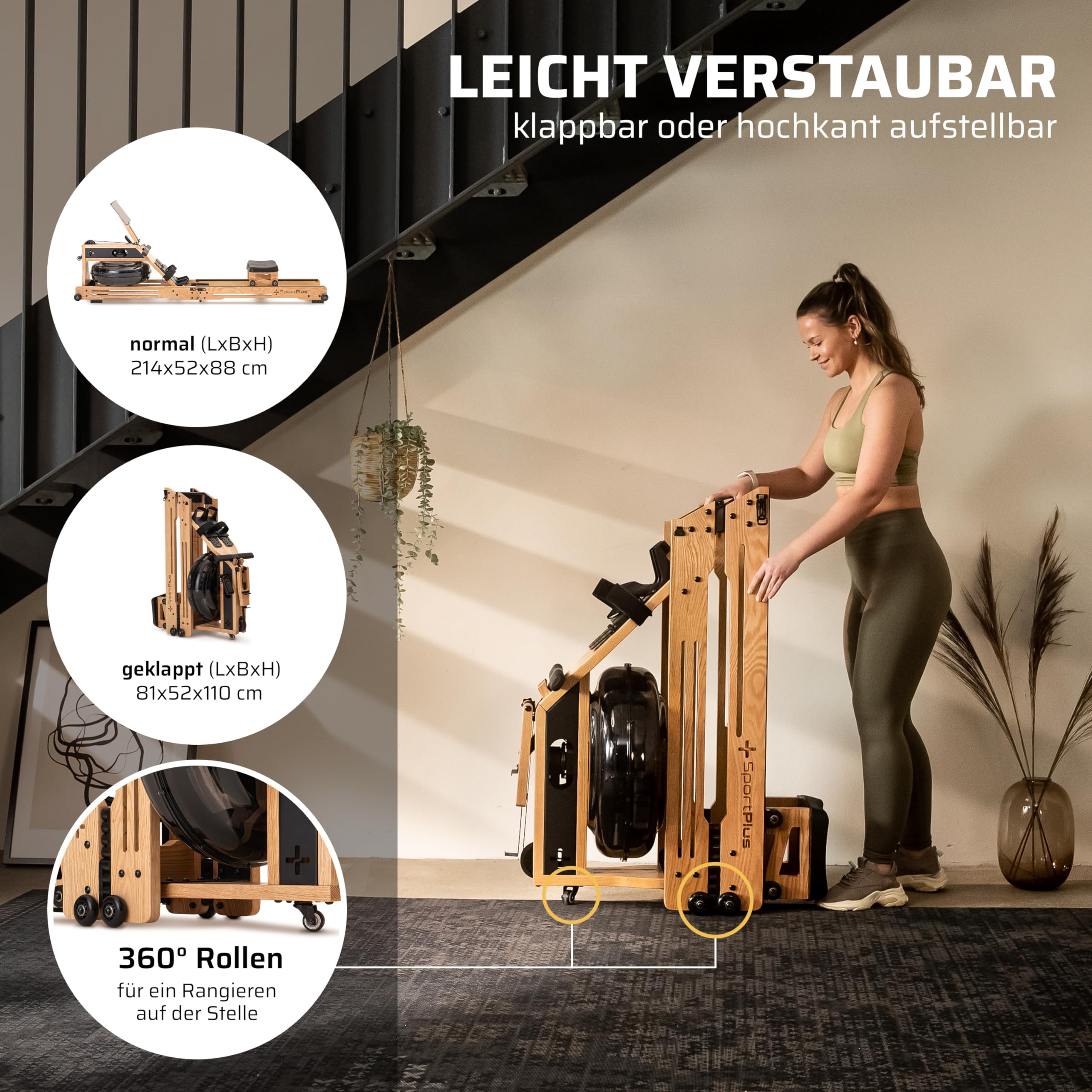 SportPlus Rudergerät für zuhause klappbar - Rudergerät Wasser Holz - Rudergerät Holz Massive Eiche FSC®-Zertifiziert - Rudermaschine Trainingscomputer App-kompatibel - Wasserrudergerät Holz 150 kg