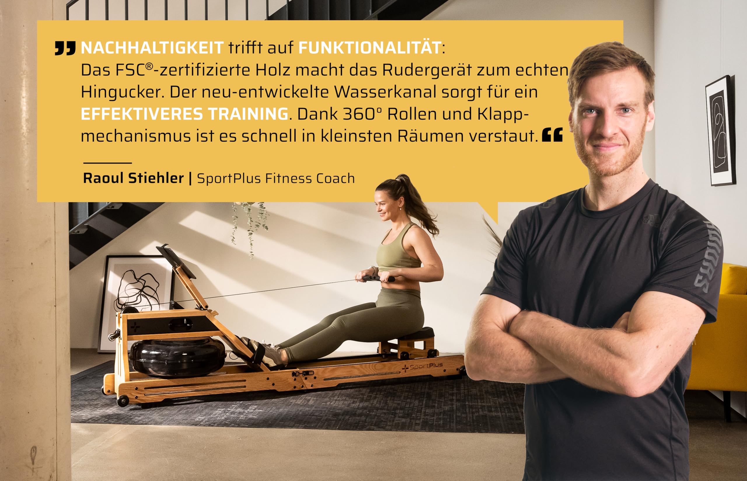 SportPlus Rudergerät für zuhause klappbar - Rudergerät Wasser Holz - Rudergerät Holz Massive Eiche FSC®-Zertifiziert - Rudermaschine Trainingscomputer App-kompatibel - Wasserrudergerät Holz 150 kg